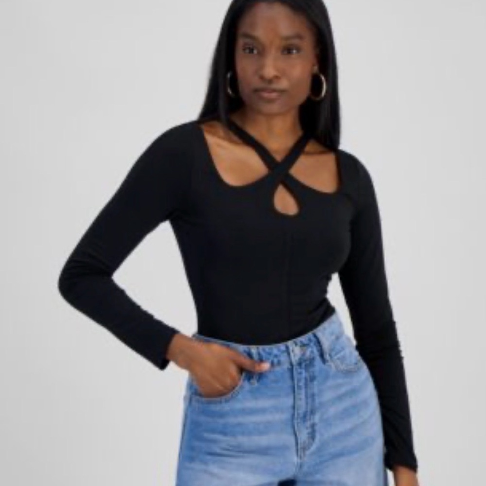 Bar III Black Crisscross Long Sleeve Blouse